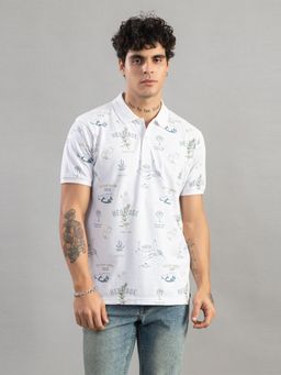 Club York - Men White Printed Polo T-shirt