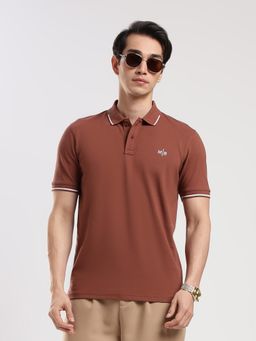 MR BUTTON - Men Brown Solid Polo T-shirt