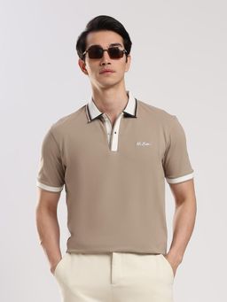 MR BUTTON - Men Beige Solid Polo T-shirt