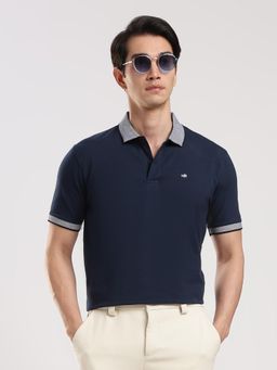 MR BUTTON - Men Navy Blue Solid Polo T-shirt