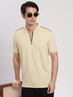 MR BUTTON - Men Cream Solid Polo T-shirt