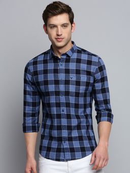 SHOWOFFFF - Mens Spread Collar Checked Blue Classic Shirt