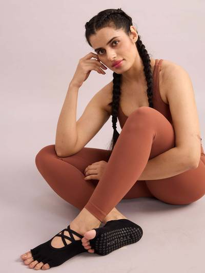 Open Toes Pilates & Yoga Grip Socks - (Black)