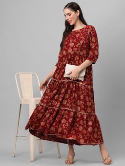 Shree - Women Rayon Maroon Floral Printed Dress