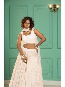 MONK & MEI - Pink Coral Lehenga with Blouse and Dupatta (Set of 3)