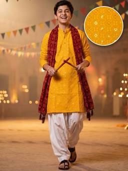 AJ Dezines - Dark Yellow Embroidery Cotton Blend Kurta Pyjama And Dupatta