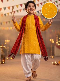 AJ Dezines - Dark Yellow Embroidery Cotton Blend Kurta Pyjama And Dupatta