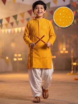 AJ Dezines - Dark Yellow Sequence Embroidery Cotton Blend Kurta Pyjama