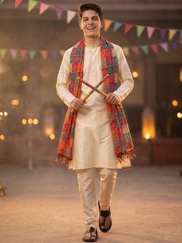 AJ Dezines - Cream Solid Silk Blend Kurta Pyjama With Checkered Dupatta