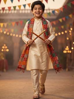 AJ Dezines - Cream Solid Silk Blend Kurta Pyjama With Checkered Dupatta