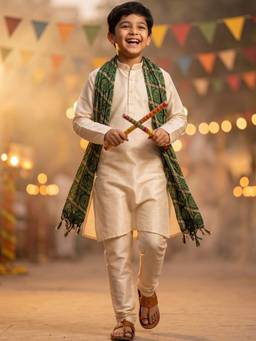AJ Dezines - Cream Solid Silk Blend Kurta Pyjama With Green Dupatta