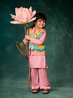 Mi Arcus - Papa Don't Preach Solid Kurta Pyjama Set With Printed Nehru Jacket