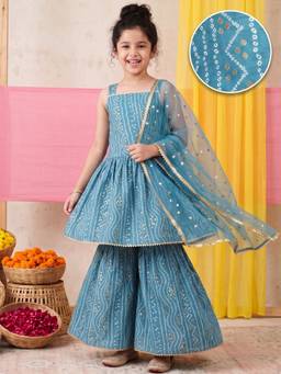 AJ Dezines - Blue Bandhani Printed Cotton Blend Girls Suit Set With Dupatta