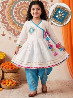 AJ Dezines - White And Firozi Solid Cotton Angrakha Kurti With Dhoti Pant