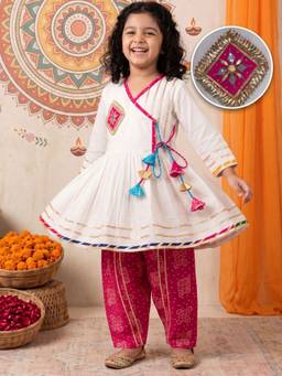 AJ Dezines - White And Pink Solid Cotton Angrakha Kurti With Dhoti Pant