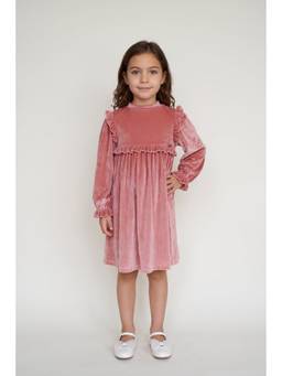One Friday - Girls Pink Solid Velour Ruffle Collar Dress