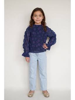 One Friday - Girls Navy Blue Printed Chiffon Button-Front Top