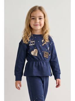 One Friday - Girls Navy Blue Embellished Interlock Sweatshirt