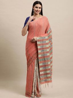 ArtEastri - Cotton Handloom Khesh Kantha Saree with Unstitched Blouse Piece-Peach