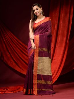 CHARUKRITI - Mulberry Purple Cotton Silk Zari Borders and Gheecha Pallu Saree with Unstitched Blouse