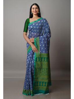 Unnati Silks - Navy Blue Screen Printed Chanderi Sico Saree with Unstitched Blouse