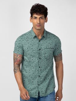 Spykar - Men Sage Green Cotton Slim Fit Printed Shirt