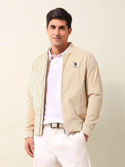 U.S. POLO ASSN. - Solid/Plain Beige Full Sleeves Bomber Jacket