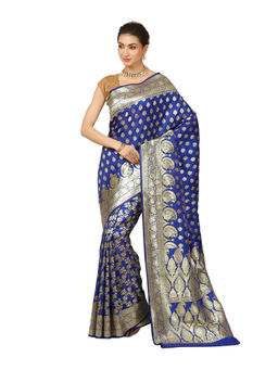 Banarasi Silk Works - Women Blue Satin Saree with Unstitched Blouse