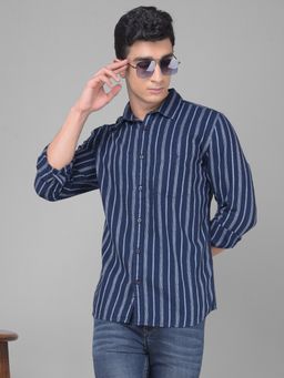 CRIMSOUNE CLUB - Men Navy Blue Striped Shirt