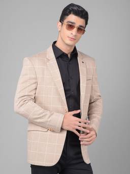 CRIMSOUNE CLUB - Men Beige Checked Single Breasted Blazer