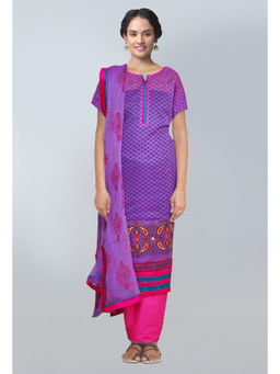Unnati Silks - Semi Stitched Violet Pure Chanderi Sico Salwar Kameez (Set of 3)