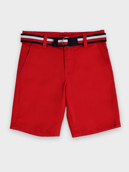 Tommy Hilfiger - Boys Solid Regular-Fit Cotton Red Shorts with Belt (Set of 2)