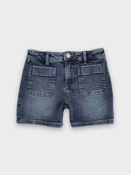 Tommy Hilfiger - Girls Solid Regular-Fit Mid Rise Blue Shorts