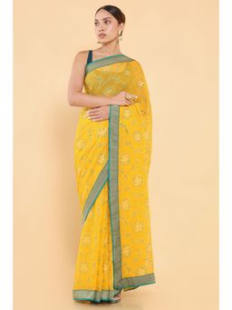 Soch - Women Yellow Chiffon Printed Saree with Stitched Blouse