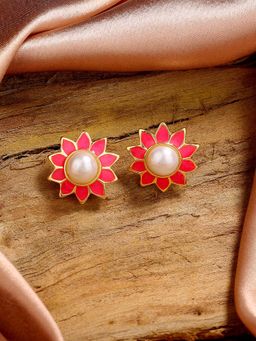 Estele - Gold Tone Classic Pearl Stud Earrings with Pink Enamel for Women