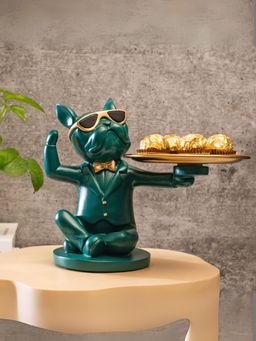 Smokey Cocktail - Sturdy Dog Statue with Tray, Green