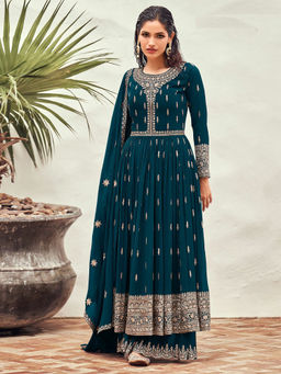 Odette - Teal Embroidered Georgette Semi Stitched Dress Material (Set of 3)