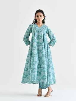 Rustorange - Light Blue Floral Printed Cotton Angrakha Kurta with Pant (Set of 2)