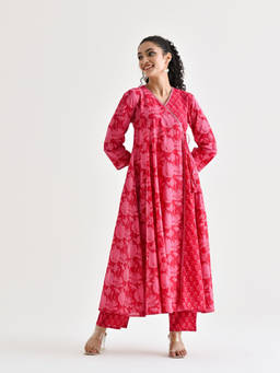 Rustorange - Pink Cotton Floral Printed Angrakha Kurta with Pant (Set of 2)