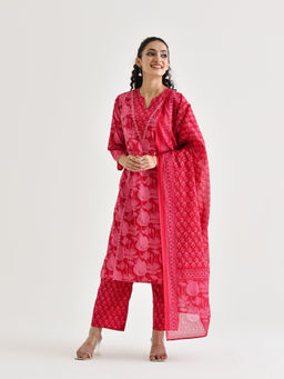 Rustorange - Pink Lotus Printed Cotton Kurta with Pant and Dupatta (Set of 3)