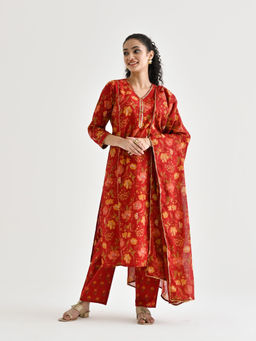 Rustorange - Red Floral Printed Cotton Kurta with Pant & Dupatta (Set of 3)
