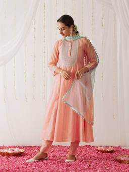 Rustorange - Peach Embroidered Anarkali Kurta with Pant and Dupatta (Set of 3)