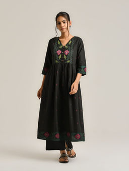 Rustorange - Black Linen Cotton Jamdani Inspired Anarkali Kurta with Pant (Set of 2)