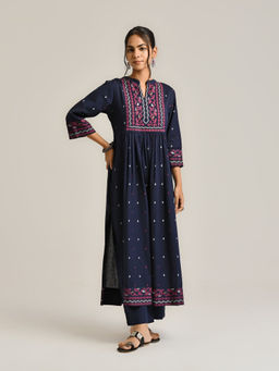 Rustorange - Navy Blue Linen Cotton Jamdani Printed Kurta with Pant (Set of 2)