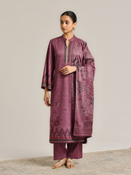 Rustorange - Burgundy Printed Woollen Kurta with Pant and Dupatta (Set of 3)