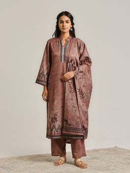 Rustorange - Brown Printed Woollen Kurta with Pant and Dupatta (Set of 3)