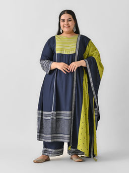 Rustorange - Blue and Olive Printed Anarkali Kurta with Palazzo and Dupatta (Set of 3)