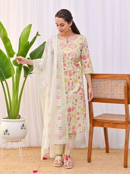 Rustorange - Lemon Yellow Ikat Inspired Kurta with Pant and Dupatta (Set of 3)