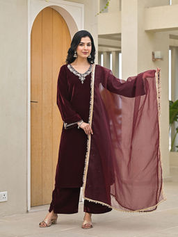Divena - Maroon Embroidered Velvet Kurta with Pant with Dupatta (Set of 3)