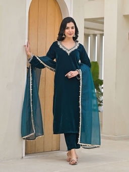 Divena - Teal Embroidered Velvet Kurta with Pant and Dupatta (Set of 3)